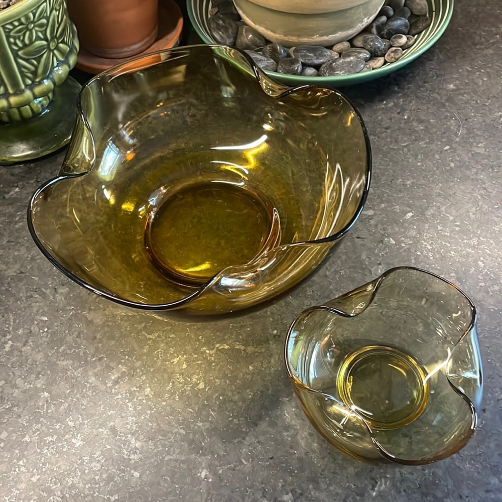 Anchor Hocking Amber Glass Vintage MCM Chip & Dip Glass Bowls